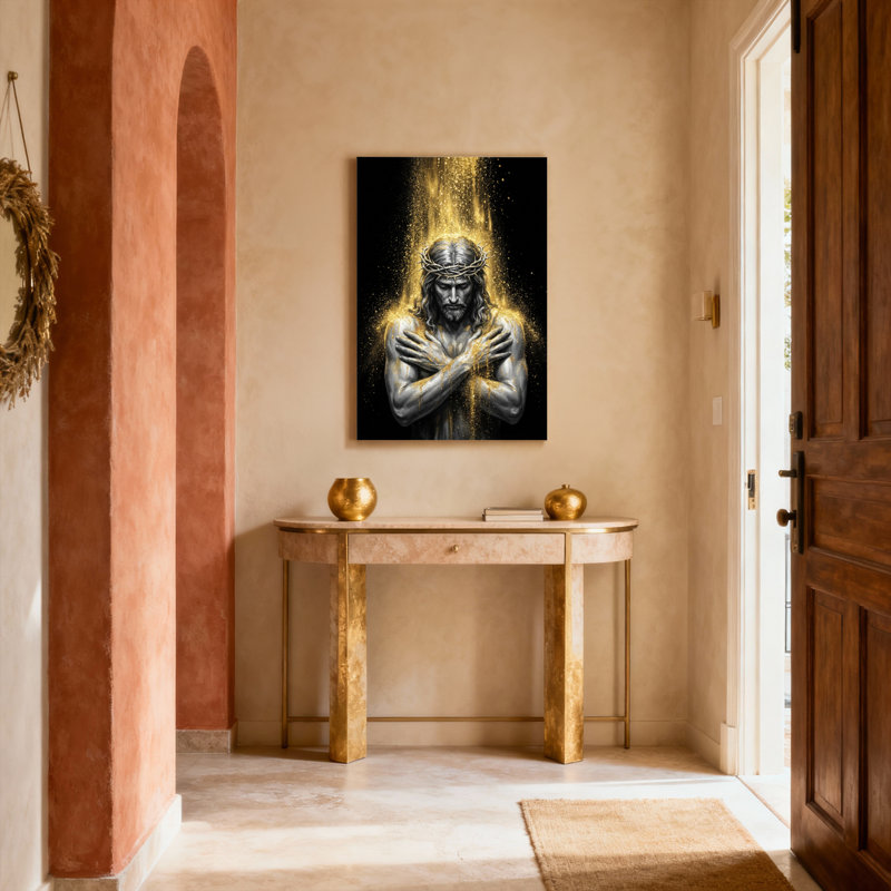 Ensemble de 1 tableau sur toile tendue représentant Jésus-Christ avec une couronne d'épines et une lumière dorée