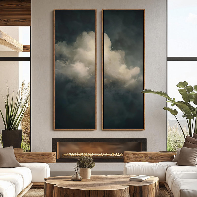 Vintage Dark Sky Cloud Wall art - 20x60 inches Framed Canvas Set of 2, Natural