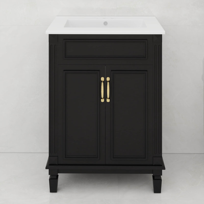 Meuble-lavabo 24 po avec lavabo, meuble-lavabo moderne avec armoire de rangement à 2 niveaux, Noir, Doré