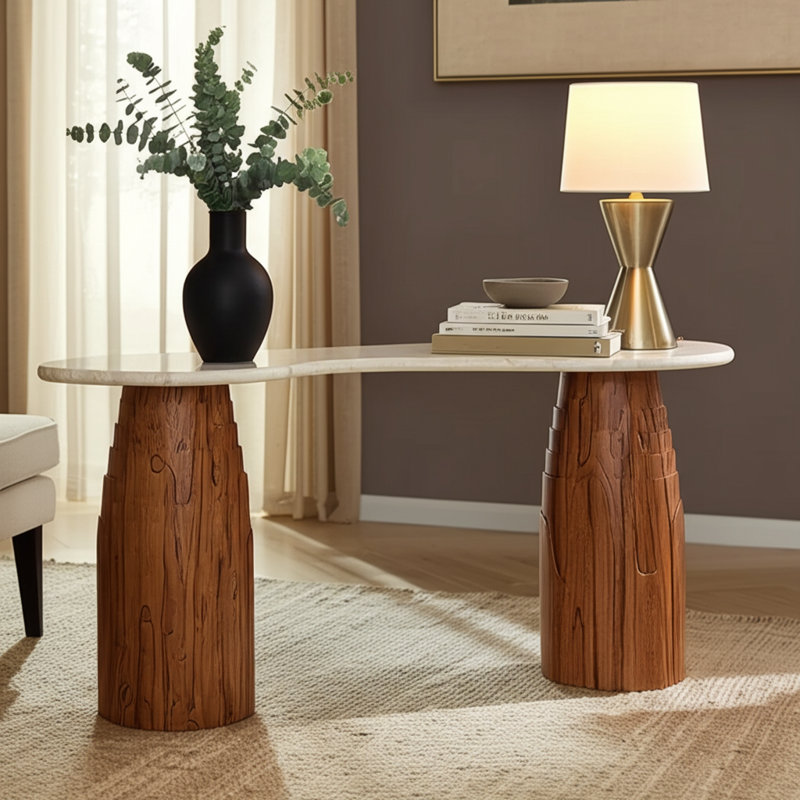 Console décorative en marbre avec base en bois massif - Console étroite pour vestibule ou canapé - Table de rangement pour vestibule ou couloir - 47 po, ivoire / brun