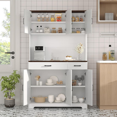 71" Farmhouse Kitchen Pantry Cabinet with Built-In Charging Station, Freestanding Hutch with Drawers and Microwave Stand