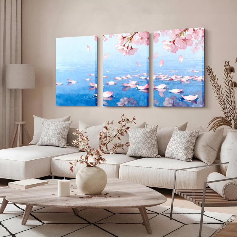 Tableau sur toile tendue « Pétales de fleurs de cerisier flottant sur l'eau » (lot de 3), H 18 po x l 36 po
