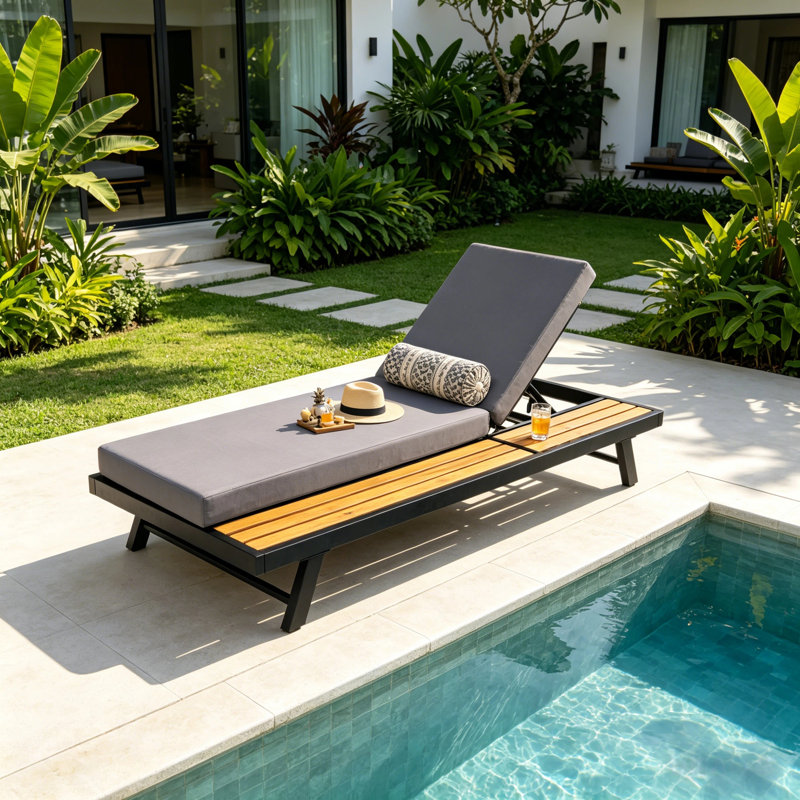 Chaise longue d'extérieur en fer 76,8 po x 37,5 po x 34,0 po noir - bois d'acacia de qualité supérieure