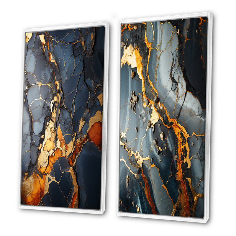 Gris et or abstrait marbre granit I - ensemble de 2 décorations murales abstraites, H 32 po x l 33 po, Cadre flottant blanc