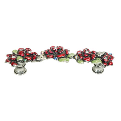 In The Garden rose & leaf knob & elongated back plate; ruby red glaze; decorated decorated with Swarovski crystals in finish Chalice