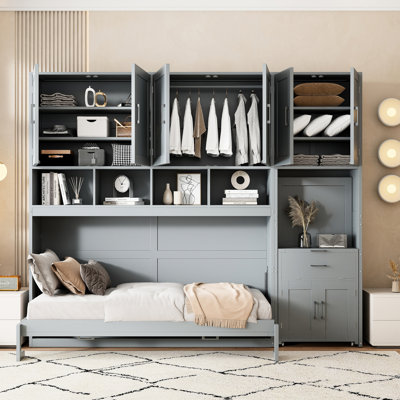 Bed With Drawers & Wardrobe - Twin Gray Tidy Bedroom In Functional Storage Option