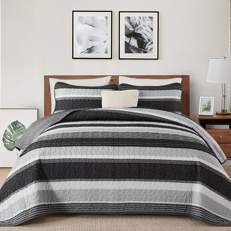 Ensemble de couvre-lit rayé 3 pièces Boho, Noir blanc, Couvre-lit grande taille et 2 taies d'oreiller