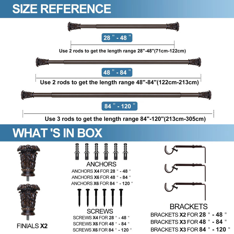 Tringle à rideaux simple ajustable Debolt, 28 po - L 48 po, Acajou