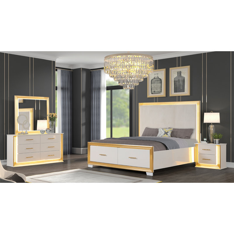 Ensemble de chambre avec grand lit 4 pièces de style contemporain OBSession en bois et finition or