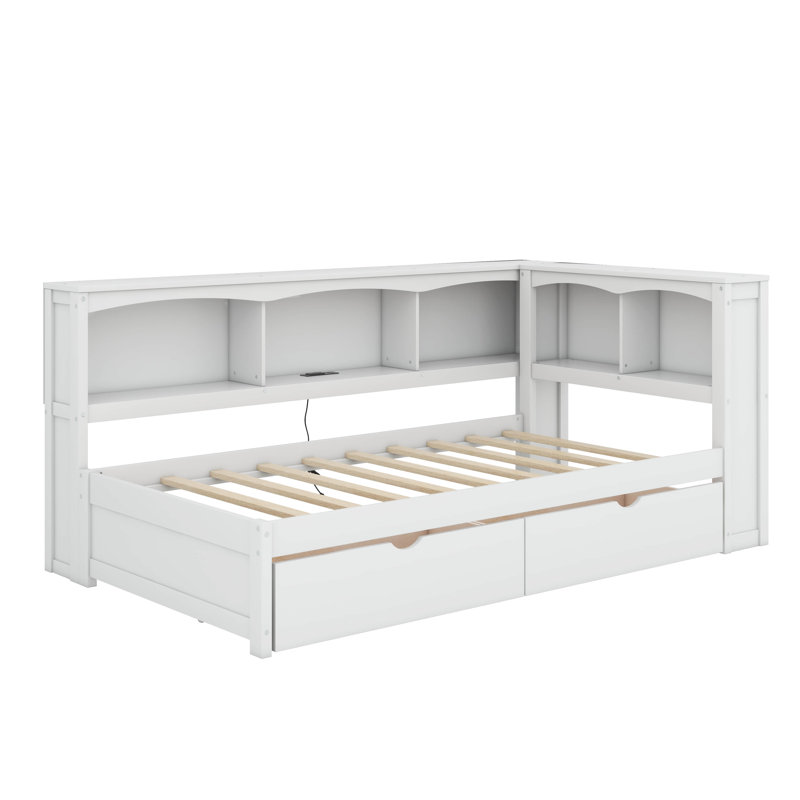 Lit de jour simple avec tiroirs, armoires et ports USB, Blanc