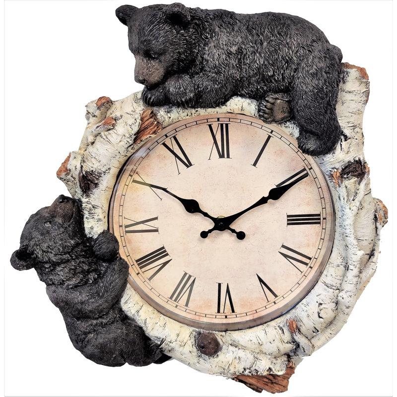 Resin Rustic Wall Clock Black Bear Cubs on Birch Design 13.3"
