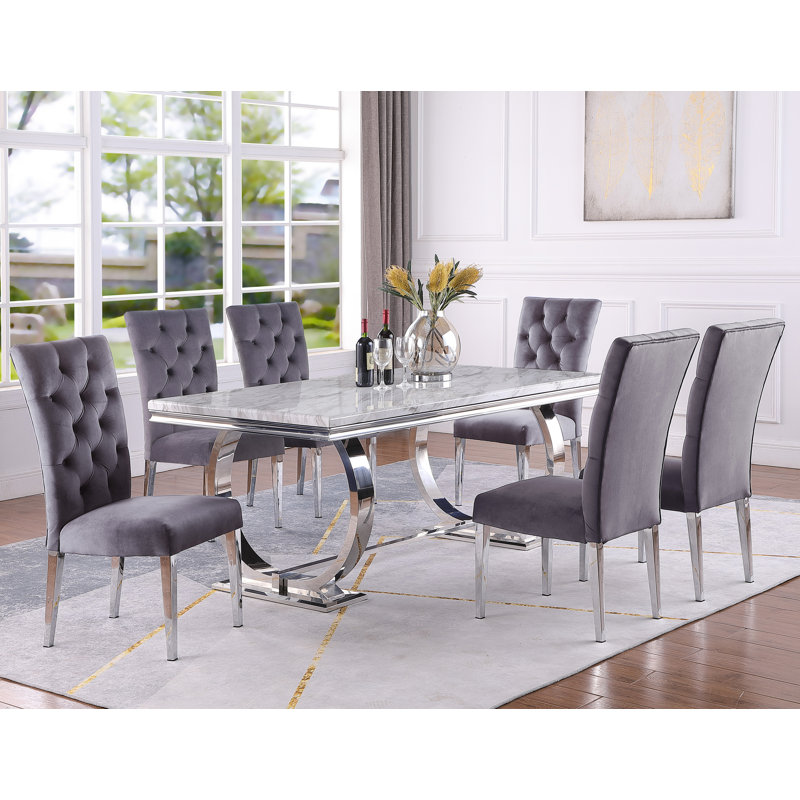 Harlyn 70" Marble Top Metal Base Dining Table (Silver) , Silver