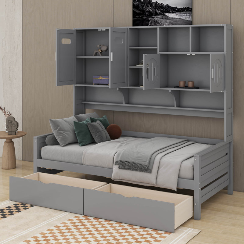 Lit de jour simple en bois avec 2 tiroirs, armoire et tablettes, Gris