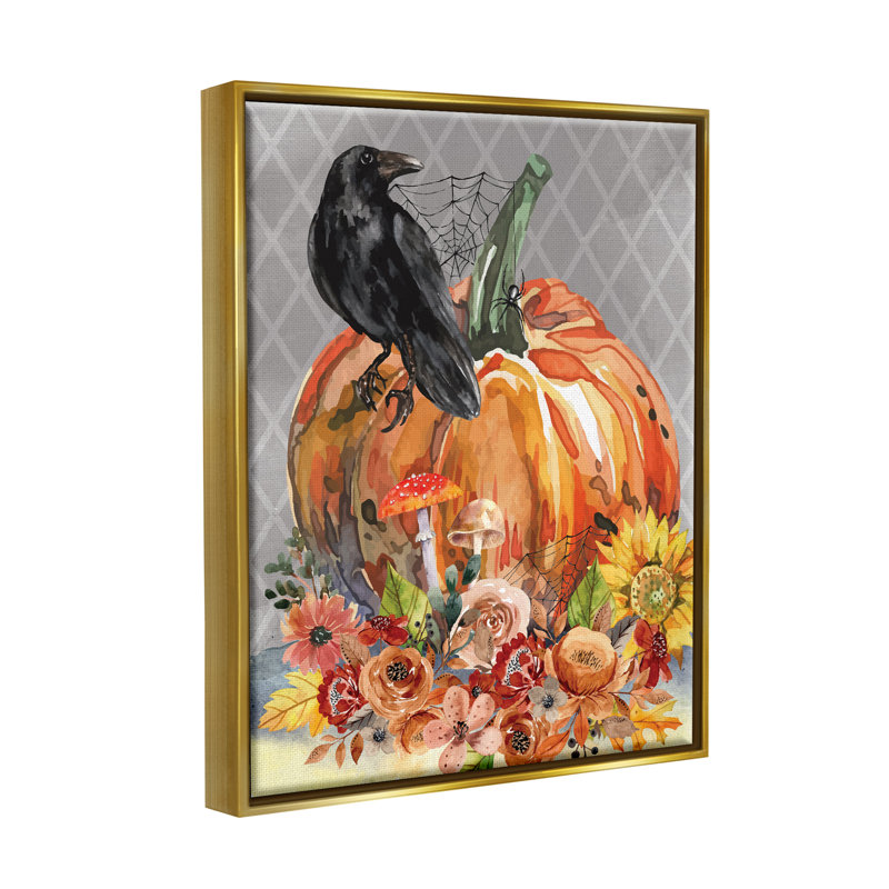 «Autumn Crow Pumpkin Botanicals» par ND Art, impression, H 31 po x l 25 po x P 1,7 po, Cadre flottant métallique doré