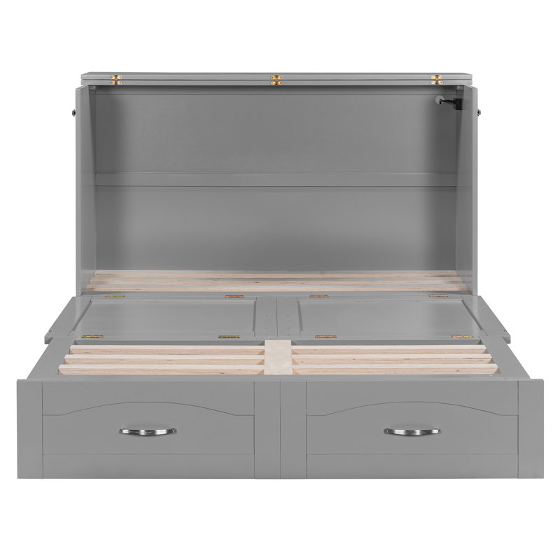 Lit escamotable double pleine grandeur avec tiroir et ensemble de prises et ports USB, structure à poulie, gris, Grey