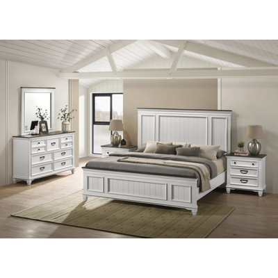 Wood Bedroom Set With Shiplap Panel King Bed, Dresser, Mirror, And Two Nightstands