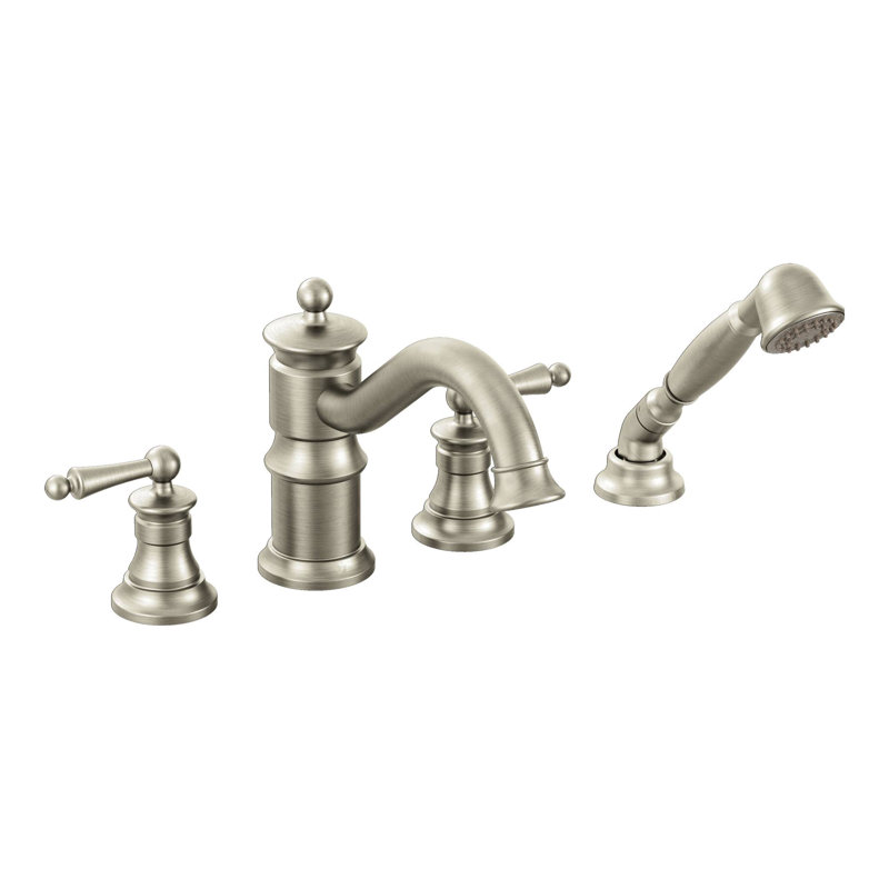 Garniture de robinet de baignoire romaine à deux poignées avec inverseur et douchette Waterhill, Nickel brossé
