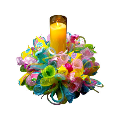 Easter Pastel colorful Deco Mesh Wreath Candleholder, Candle Ring 