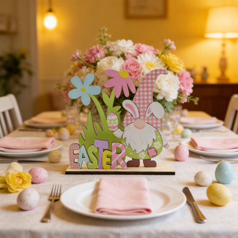 Décorations de table de Pâques en bois Joyeuses Pâques, centres de table Hello Spring, œufs colorés, plateau de table, signes pour le dîner