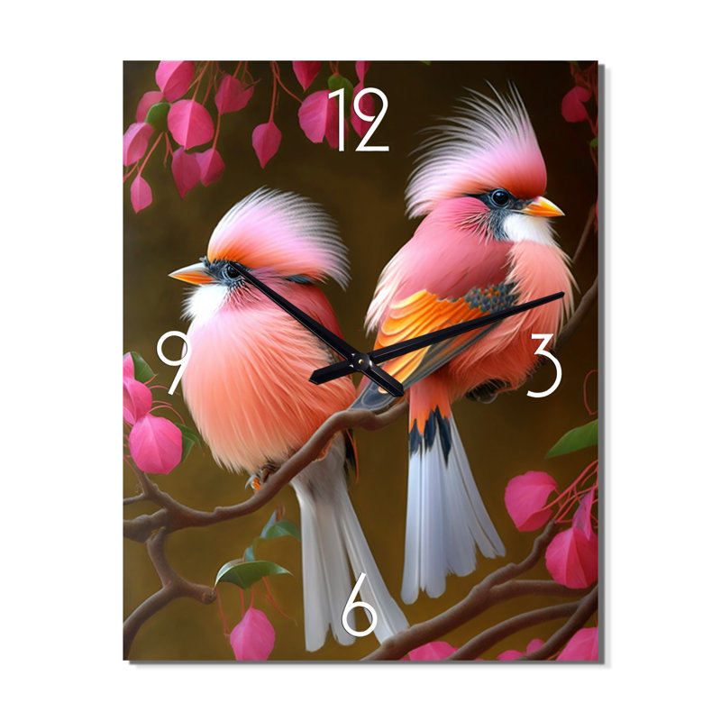 Horloge murale oiseaux cardinaux roses sur une branche I, Moyen