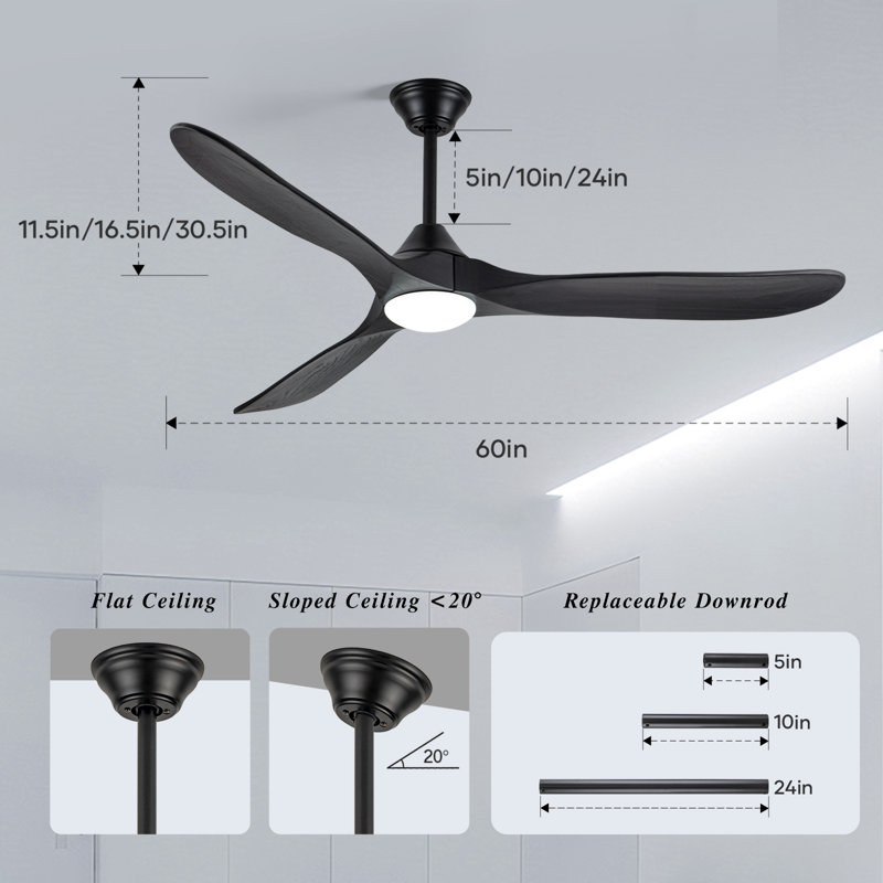 Ventilateur de plafond intelligent avec lumière et télécommande, télécommande et application, pales en bois massif, moteur à courant continu réversible