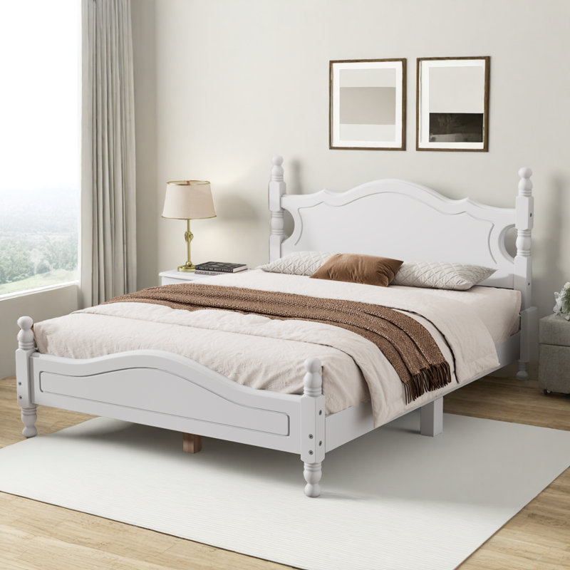 Lit plateforme moderne en bois massif rustique avec support de lattes durable, Blanc, Grand lit