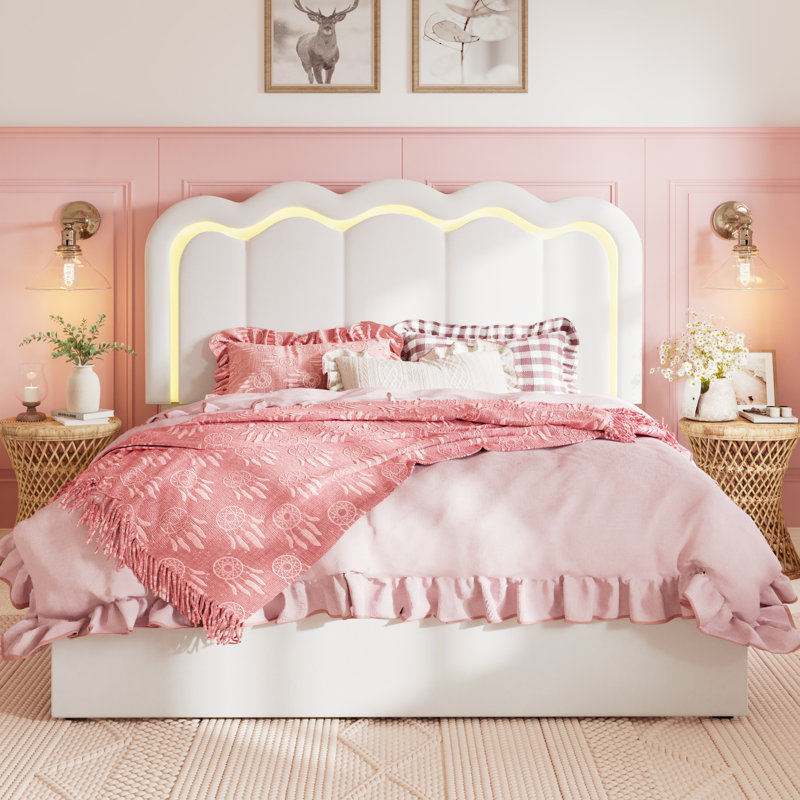 LED Velvet Upholstered Platform Storage Bed Frame With Drawer And Adjustable Headboard, Full, White