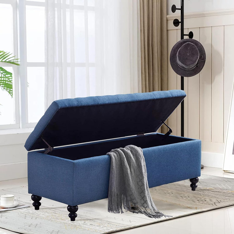 Brendalynn Upholstered Button Tufted Ottoman with Storage for Living Room, Blue Cotton Blend