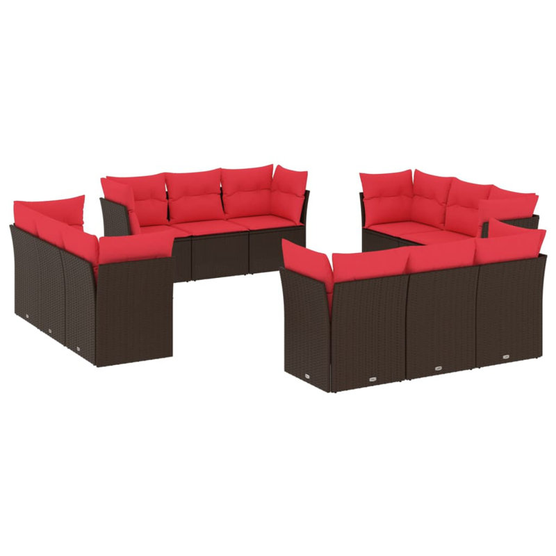  Ensemble de canapé de patio 12 pièces avec coussins en rotin de polyester brun, Rouge, Brun