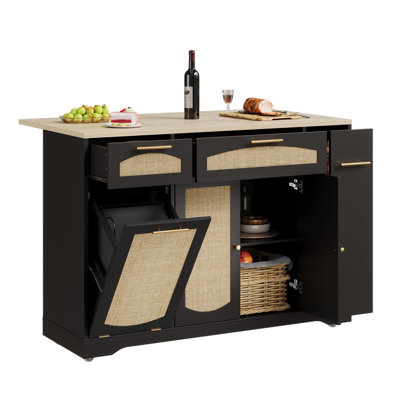 Multi-Functional Rattan Kitchen Island Cart with Drop Leaf – Tilt-Out Trash Can, Storage Cabinet, Drawers, Spice Rack, 2-Door Mobile Table, Rolling Co