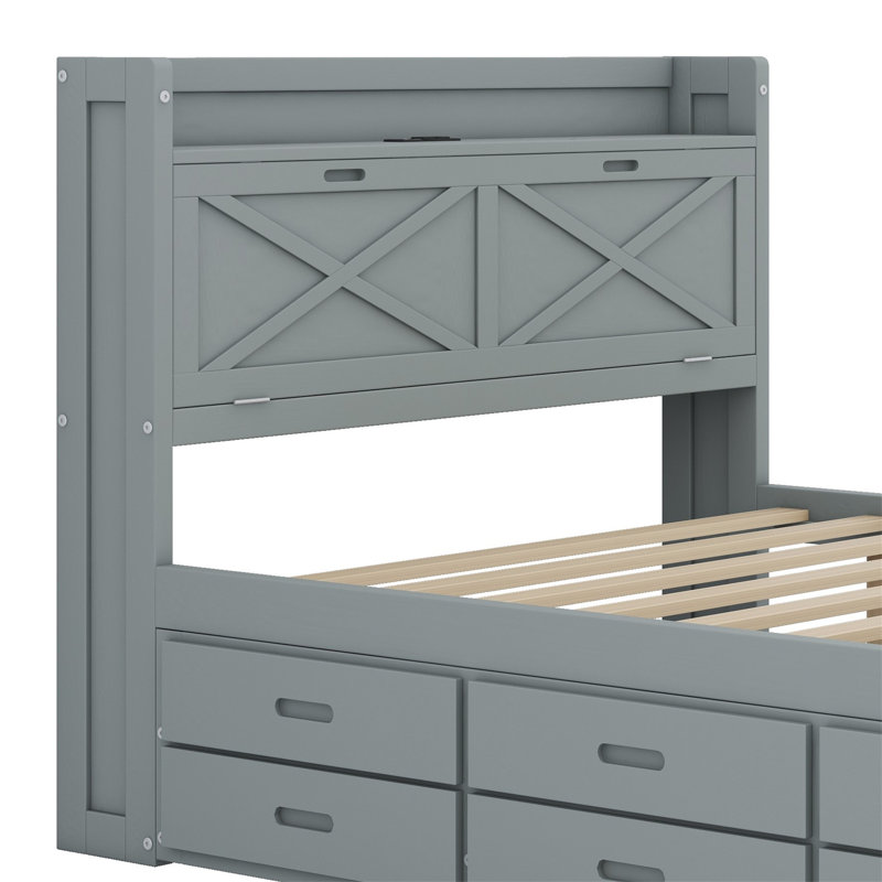 Wooden Bed With Storage Headboard With Outlets, Trundle Bed With Three Storage Drawers, Gray