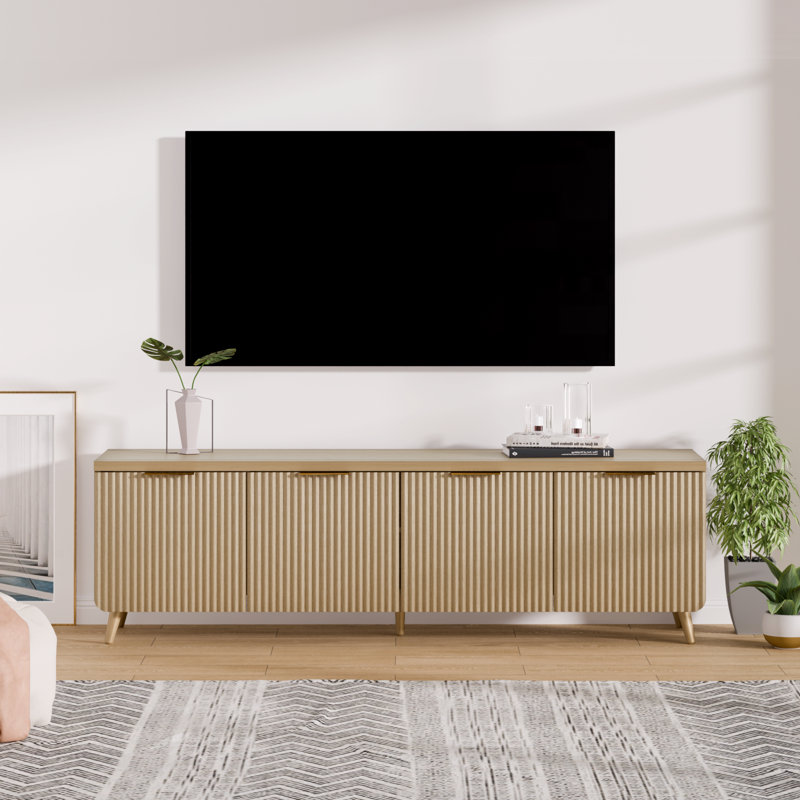 Modern TV Stand With Fluted Doors And Storage, 4-Door Media Console With Golden Handles And Wood Feet, Ideal For Living Room Or Bedroom