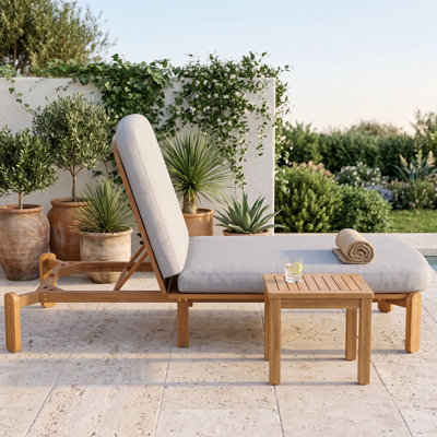 Chaise longue d'extérieur en bois d'acacia avec dossier réglable à 3 positions et coussins pour solarium