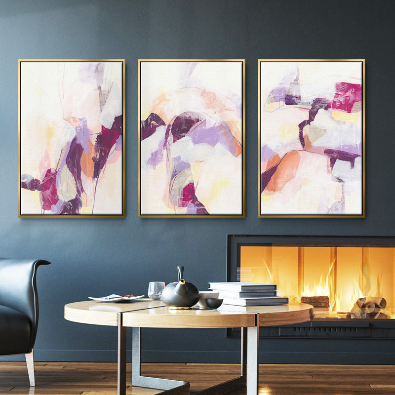 Ensemble de 3 cadres flottants sur toile polaire magenta I, H 27 po x l 54 po, Or