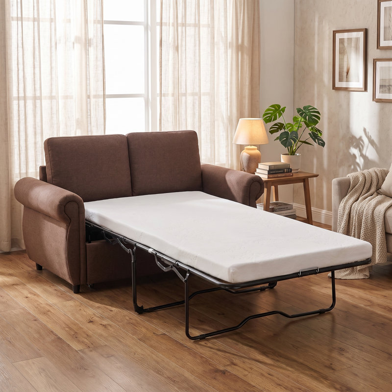 Canapé-lit de 57,9 po avec causeuse escamotable avec matelas en mousse à mémoire de forme simple, 2 ports de chargement USB, structure en acier robuste, design compact pour salon, appartement, dortoir, bureau