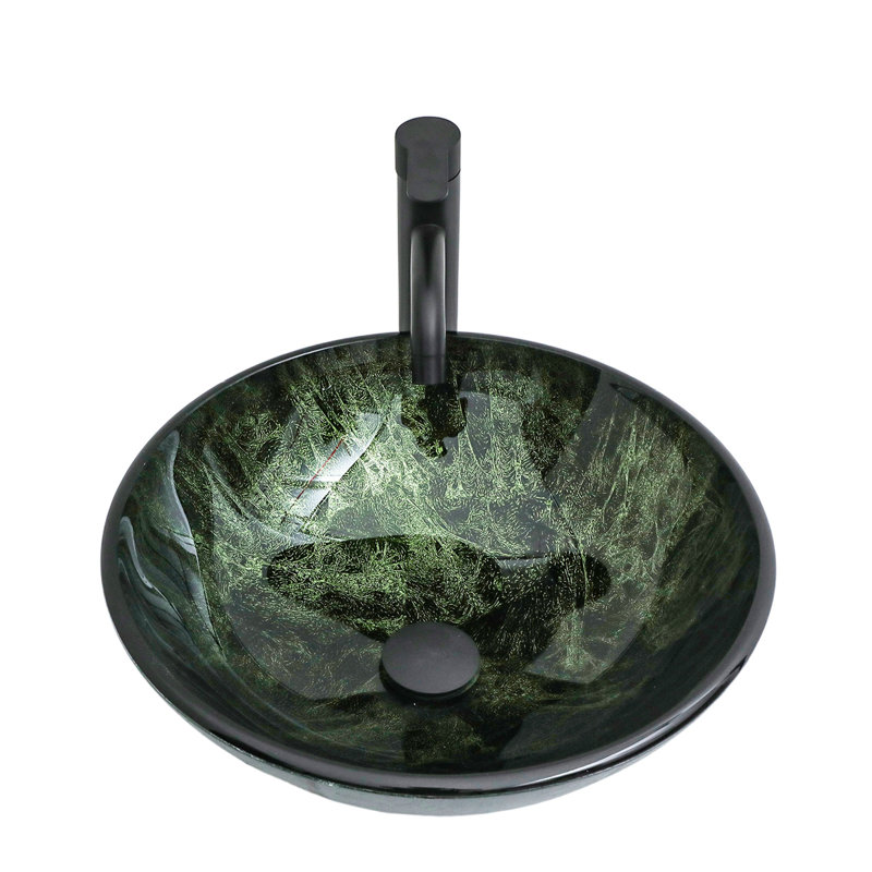 Bathroom Artistic Tempered Glass Vessel Bathroom Sink With Black Faucet And Pop-Up Drain, Elegant Green Glass Bathroom Sink With Natural Marble Texture