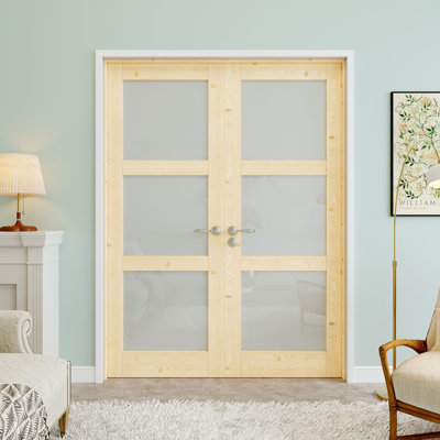 3-Lite Pine Wood Frosted Glass Double Doors, French Doors Slab Replacement, Privacy Glass Door Slab, Paintable & Waterproof, Suit for Pantry Door, Laundry Door, Closet Door, Room Door, Home Office Door