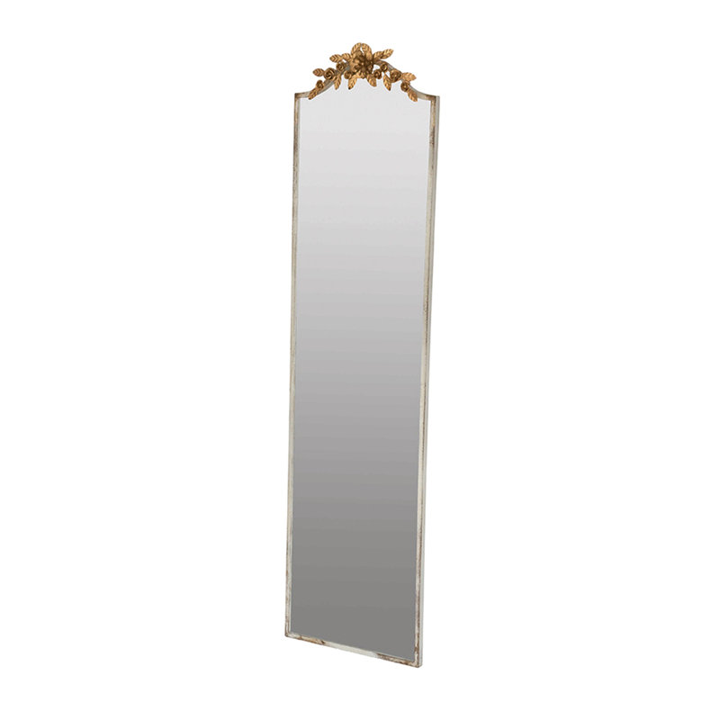 Grand miroir rectangulaire 18,1 x 1,6 x 70,9 po avec cadre ivoire vieilli et couronne florale dorée