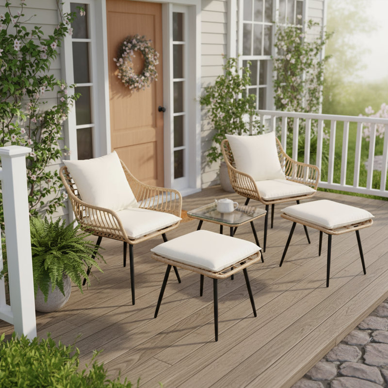 5 Pieces Wicker Patio Bistro Outdoor Furniture Set with Cushions & Ottoman, Beige/Natural