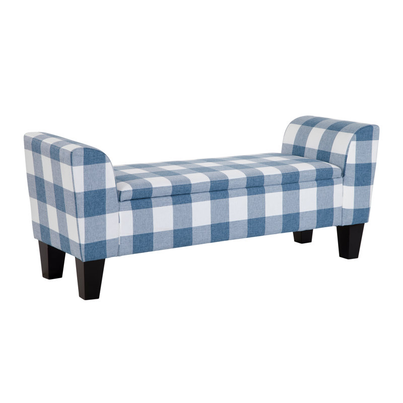 Claire Upholstered Flip Top Storage Bench with Arms, Spa Blue/White Buffalo Check