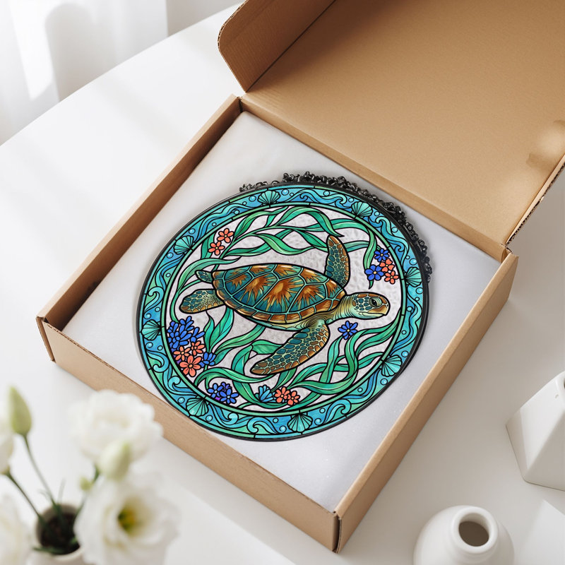 Panneau de vitrail de tortue de mer ， H 12 po, H 12 po