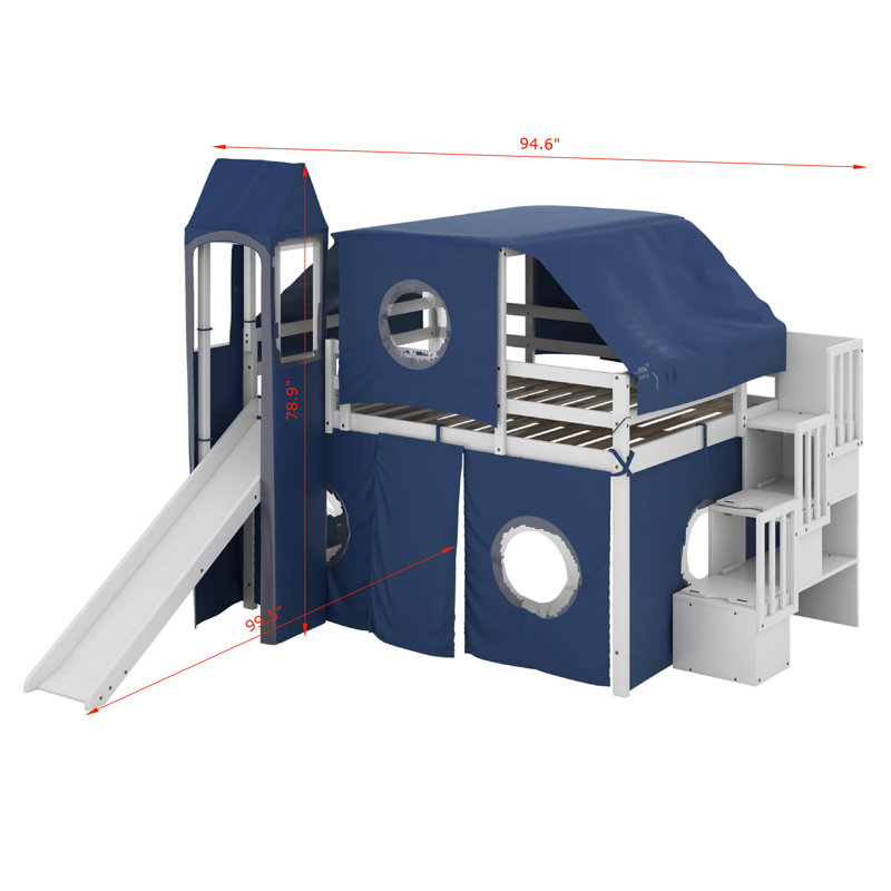 Lit mezzanine double avec tente et tour, Bleu