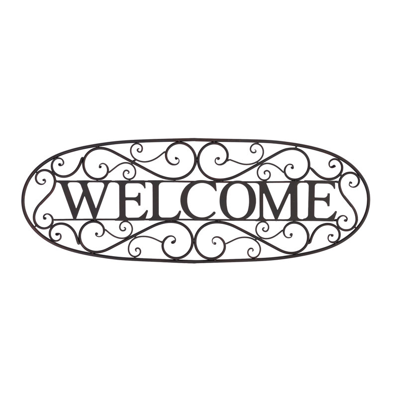 Welcome Oval Metal Wall Decor With Scrollwork Frame, Entryway Sign