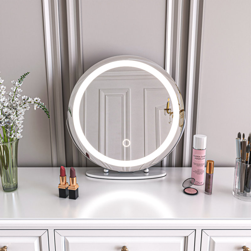 Miroir de bureau rond à intensité variable avec pivotement à 360 ° Jimya, Blanc