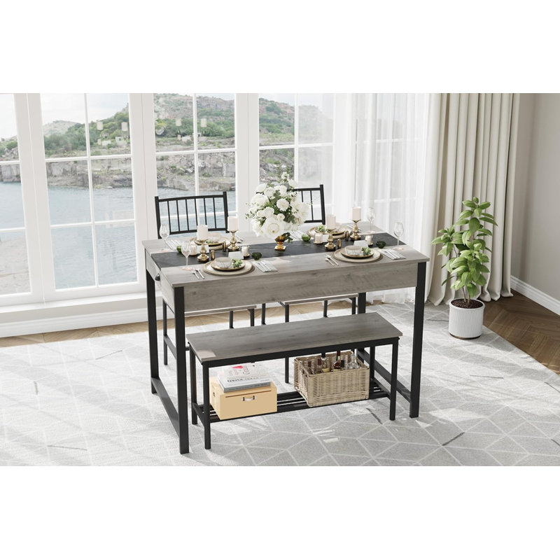 4-Piece Dining Table Set for 4 People,Rectangular Kitchen Table Set with 2 Chairs & 1 Bench,Double Side Drawers, for Dining Room,Kitchen,Restaurant,Yard