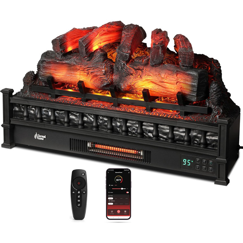 30" WiFi Infrared Quartz Electric Fireplace Log with Sound Crackling, Adjustable Flame Colours, Black