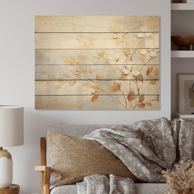 Délice de jardin blanc et doré - Plantes, art sur bois de pin naturel