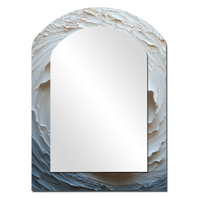 «Beige et blanc» Sunrise Abstract Waves II - grand miroir mural asymétrique à spirales abstraites, miroir décoratif doré à forme libre, impression sur métal