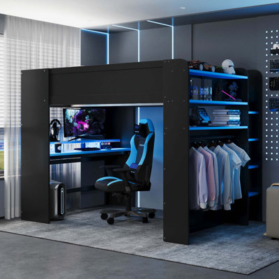 Lit double superposé en bois pleine grandeur avec bureau à hauteur réglable, garde-robe, grand espace de rangement et lumière RVB bleue
