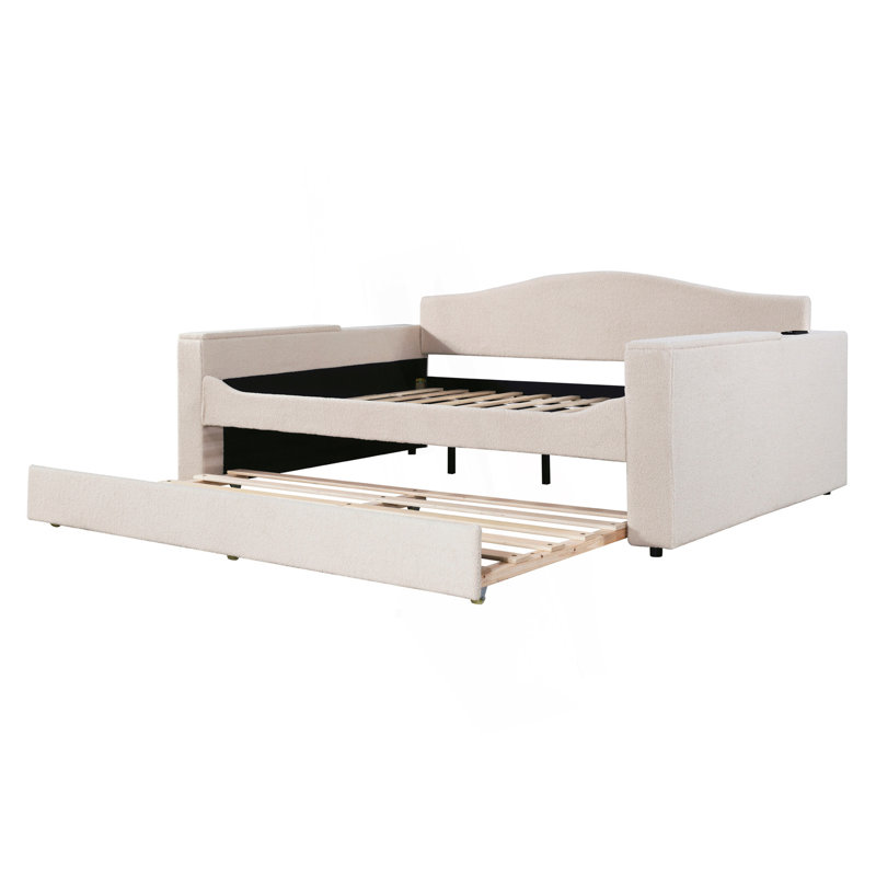 Full Size Upholstered Daybed With Storage Armrests, Trundle And Latest Integrated Bluetooth Audio System, Modern Day Bed